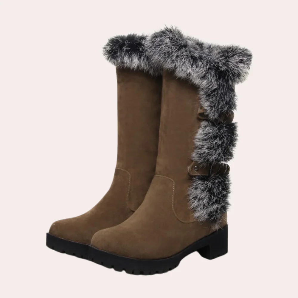 Women's knee boots – Suede look – Faux fur finish – Buckle closure – Sturdy tread sole - Image 5