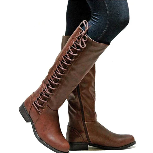 Women's knee-high boots – Lace-up fastening – Flat sole – Side zip – Slim fit - Image 2