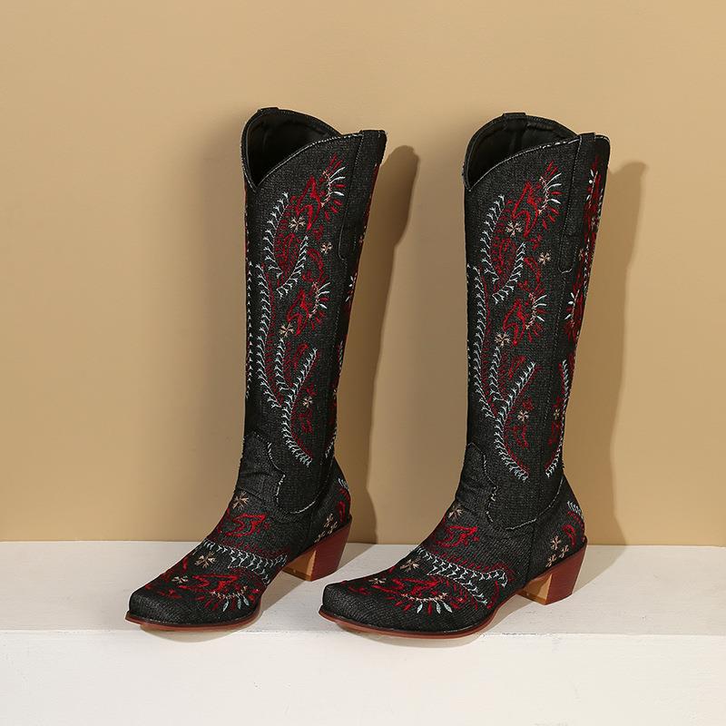 Women's knee-high boots – Western style – Embroidered textile – Pointed toe – Block heel - Image 2