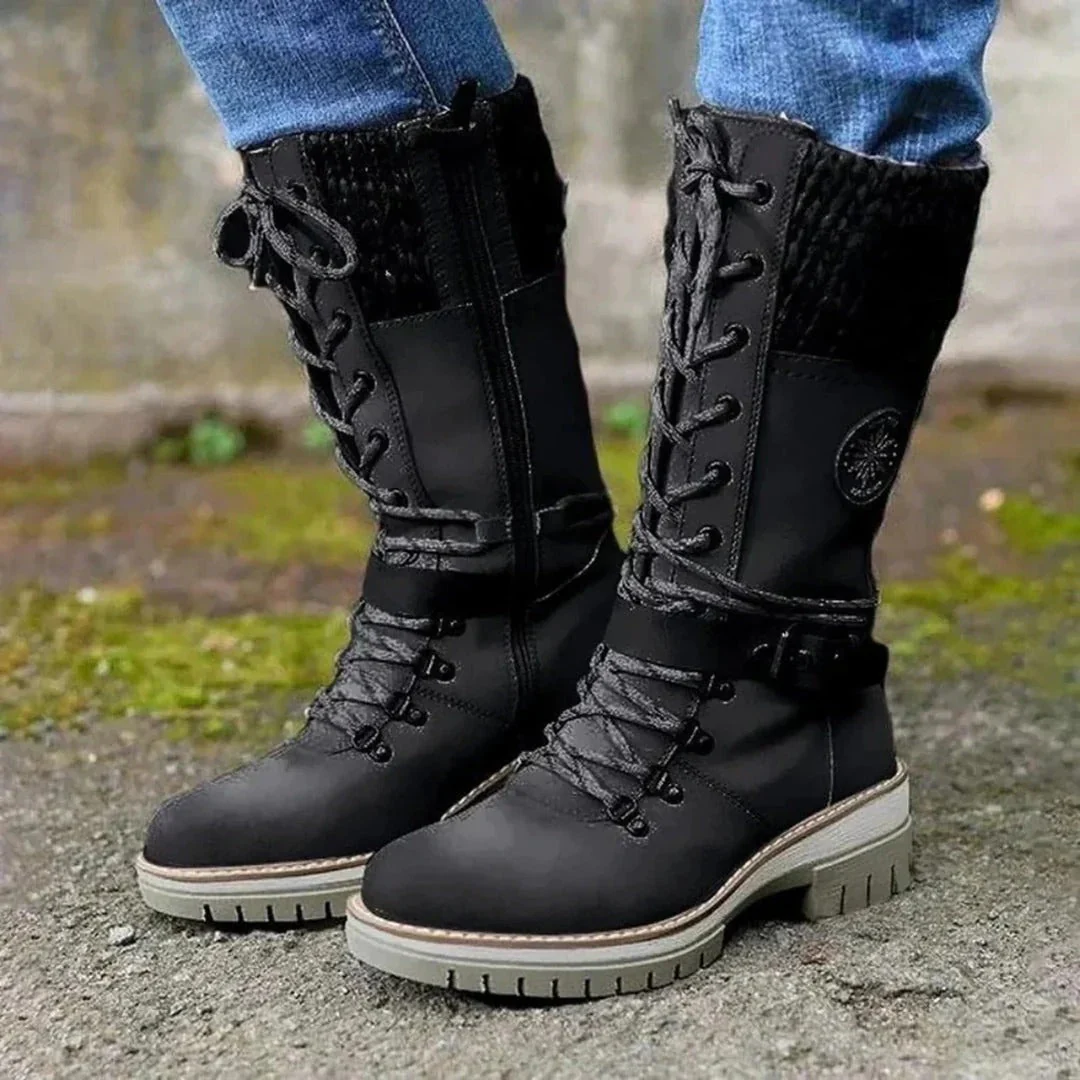 Women's knee boots – Wool-knit cuff – Lace-up closure – Side zip – Biker sole - Image 3
