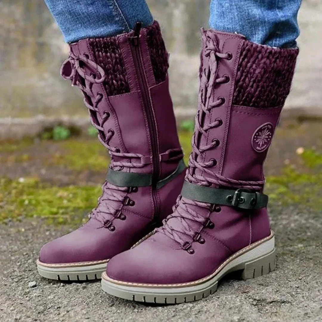 Women's knee boots – Wool-knit cuff – Lace-up closure – Side zip – Biker sole - Image 4