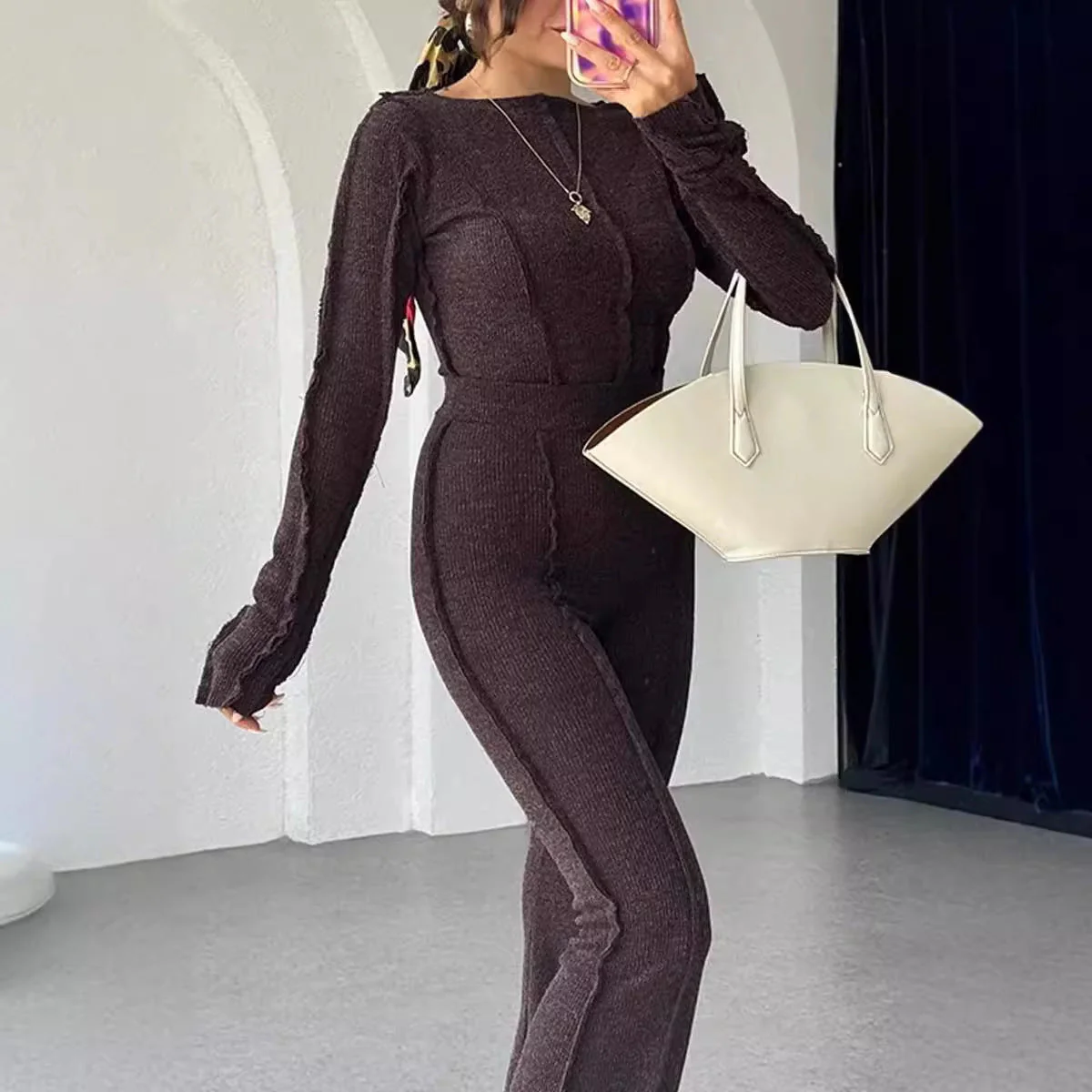 Women's Knit Set – Ribbed Texture – Slim Fit – Cropped Top with Thumbholes – High Waist - Image 3