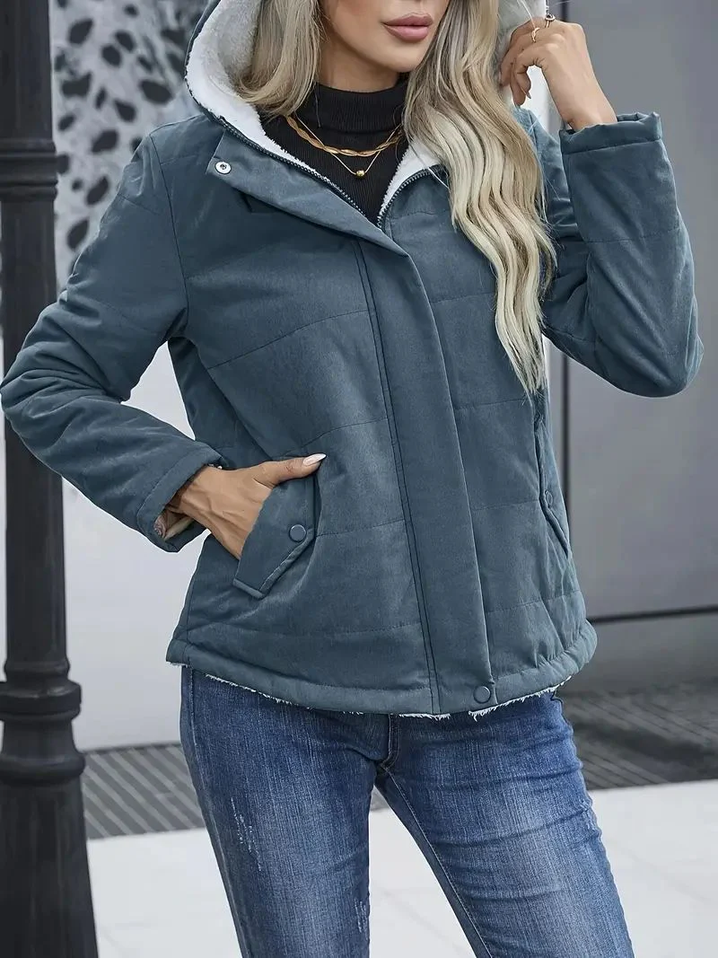 Women's Short Coat – Quilted – Regular Fit – Fleece Lining – Hood – Zipper Closure - Image 4