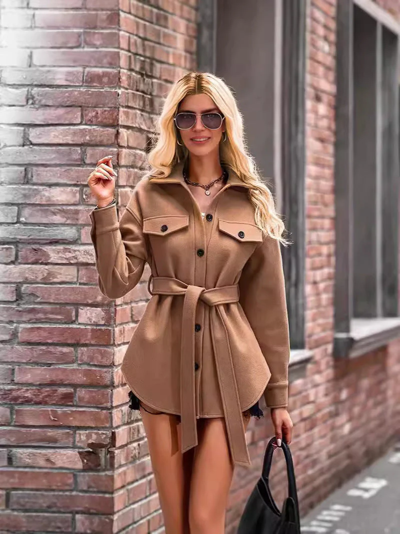 Women's Short Coat – Wool – Oversized Fit – Notched Collar – Button Closure With Belt - Image 2
