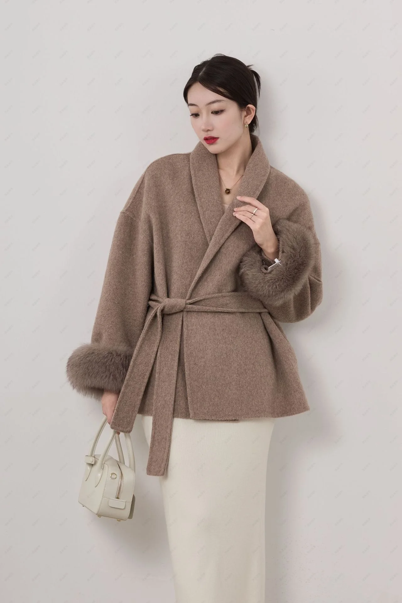 Ladies Short Coat – Wool Blend – Wrap Model – Shawl Collar – Belt – Detachable Fur Cuffs - Image 2