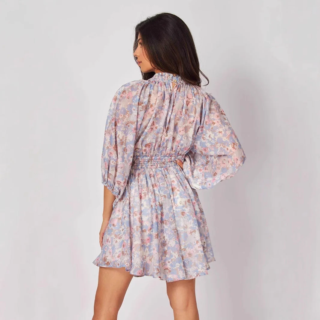 Ladies short dress – Chiffon – V-neck – Ruched waist – Boho fit – Long sleeve - Image 2
