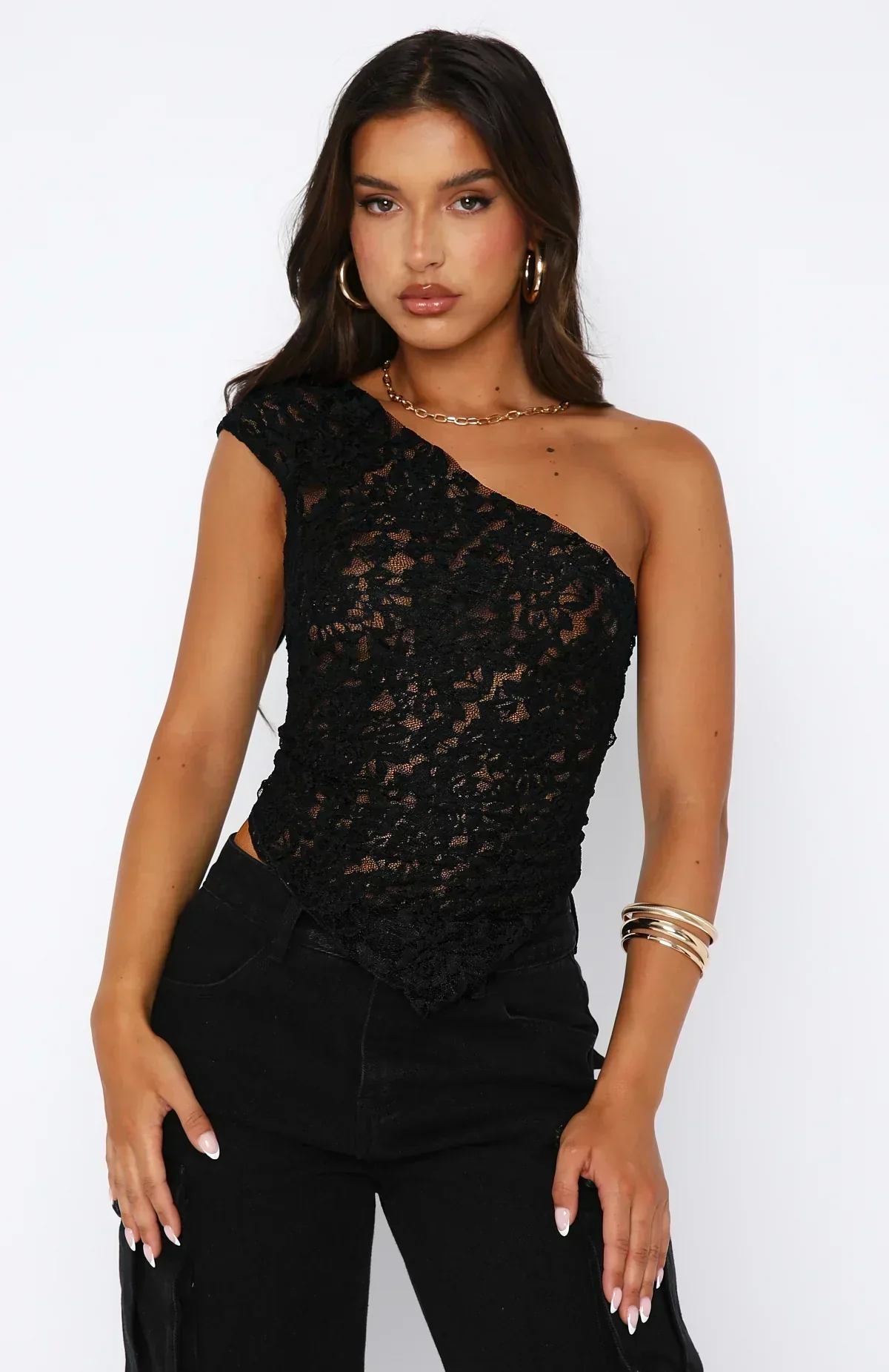 Women's Lace Top – One Shoulder – Fitted – Asymmetrical Hem – Cropped Model - Image 6