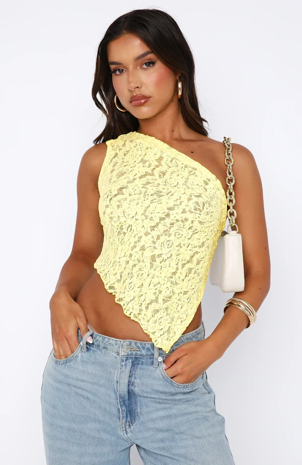 Women's Lace Top – One Shoulder – Fitted – Asymmetrical Hem – Cropped Model - Image 9