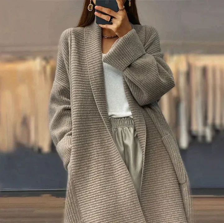 Women's Long Cardigan – Oversized Fit – Open Front – Ribbed Knit – Wool Blend - Image 2