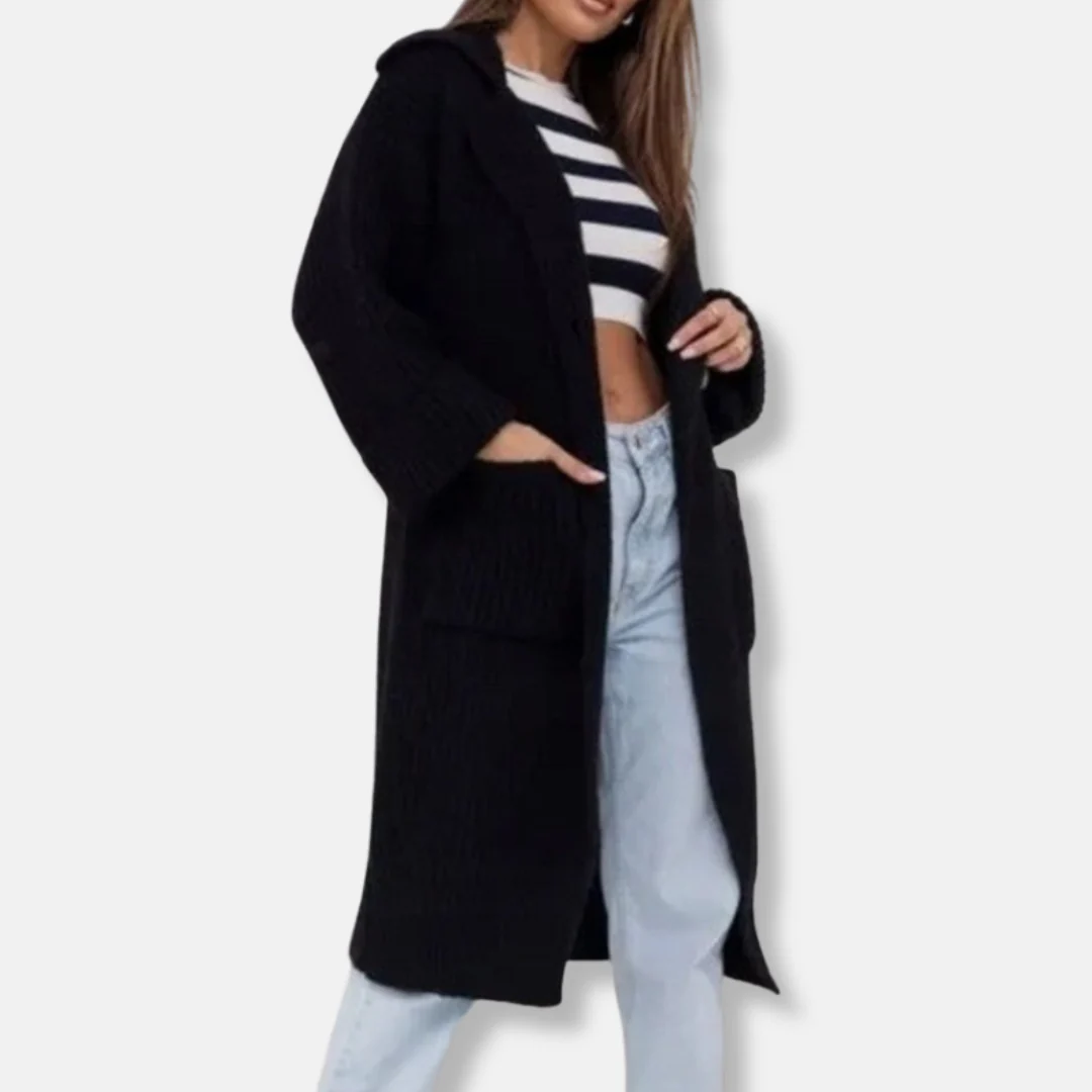 Women's Long Knitted Coat – Oversized Fit – Wool Blend – With Hood and Pockets - Image 4