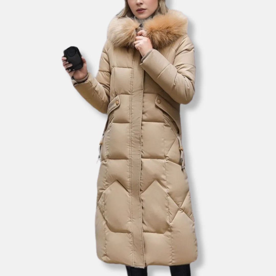 Women's Long Quilted Coat – Slim Fit – Removable Fur Collar – Full Coverage