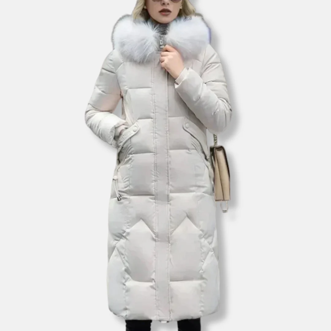 Women's Long Quilted Coat – Slim Fit – Removable Fur Collar – Full Coverage - Image 2