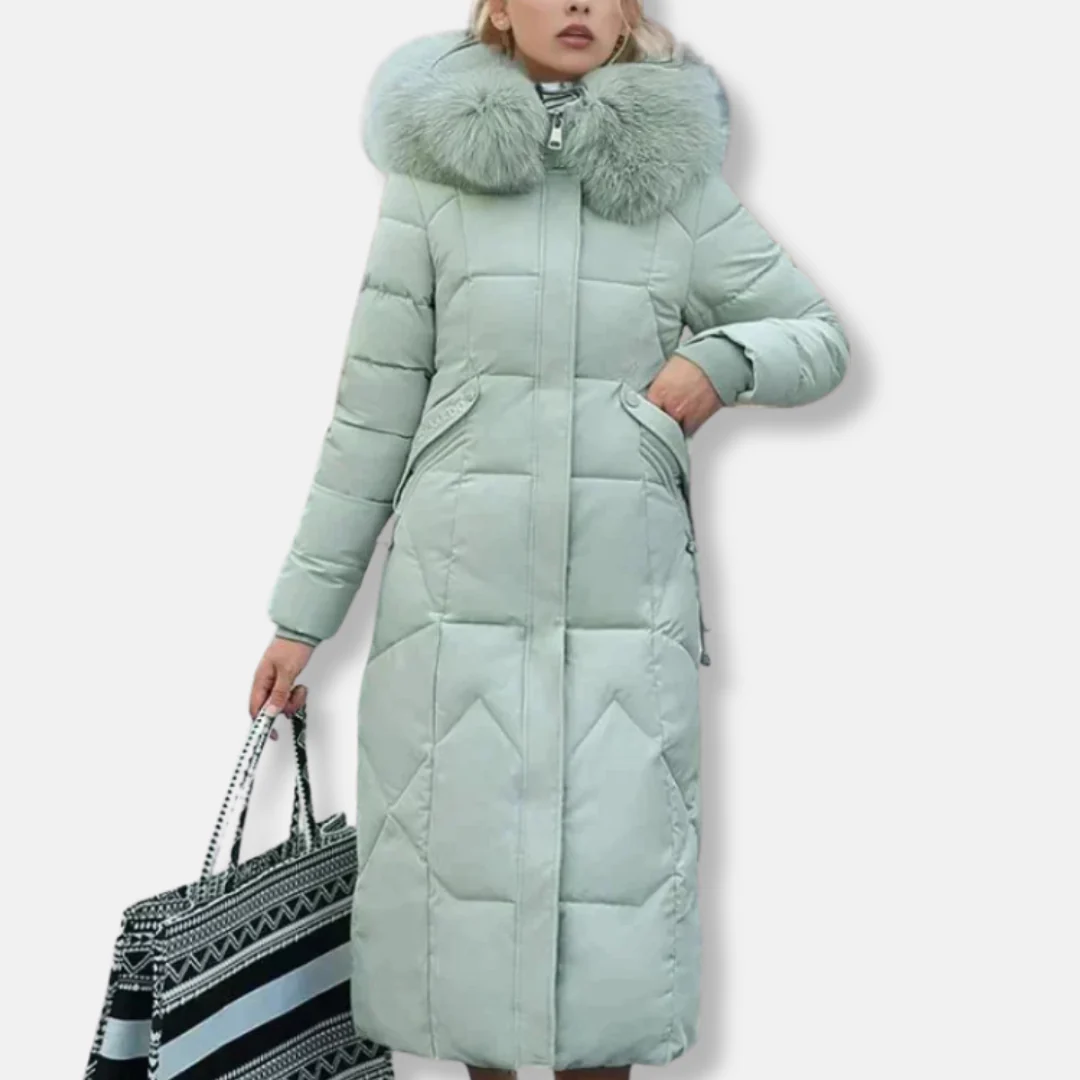 Women's Long Quilted Coat – Slim Fit – Removable Fur Collar – Full Coverage - Image 3