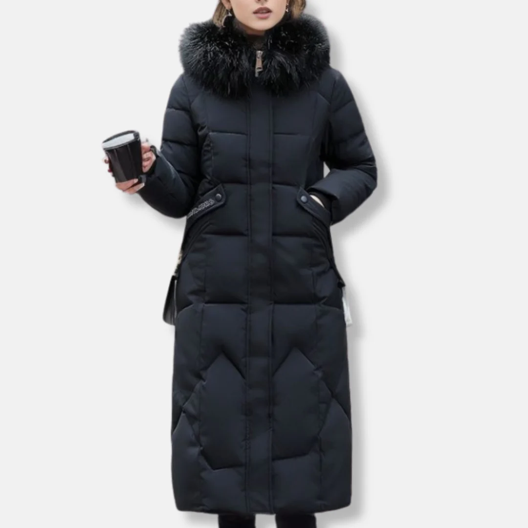Women's Long Quilted Coat – Slim Fit – Removable Fur Collar – Full Coverage - Image 4