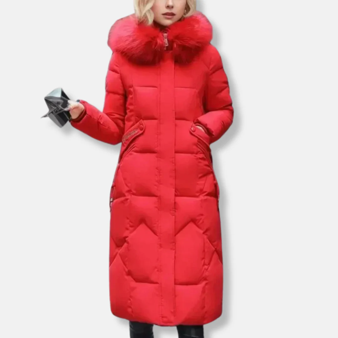 Women's Long Quilted Coat – Slim Fit – Removable Fur Collar – Full Coverage - Image 5