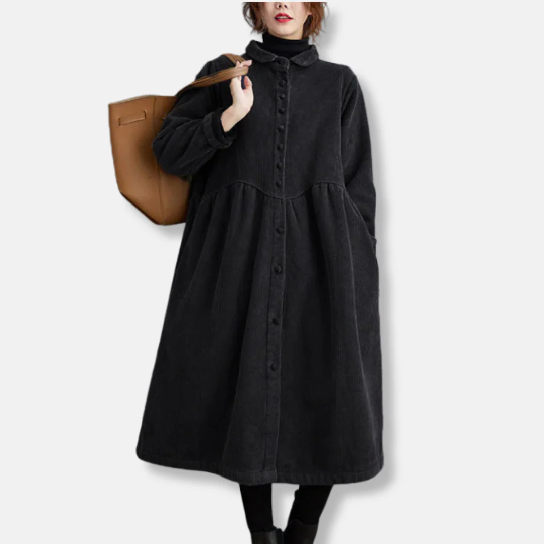 Women's Long Coat – Corduroy – A-Line Loose Fit – High Neck – Midi Length
