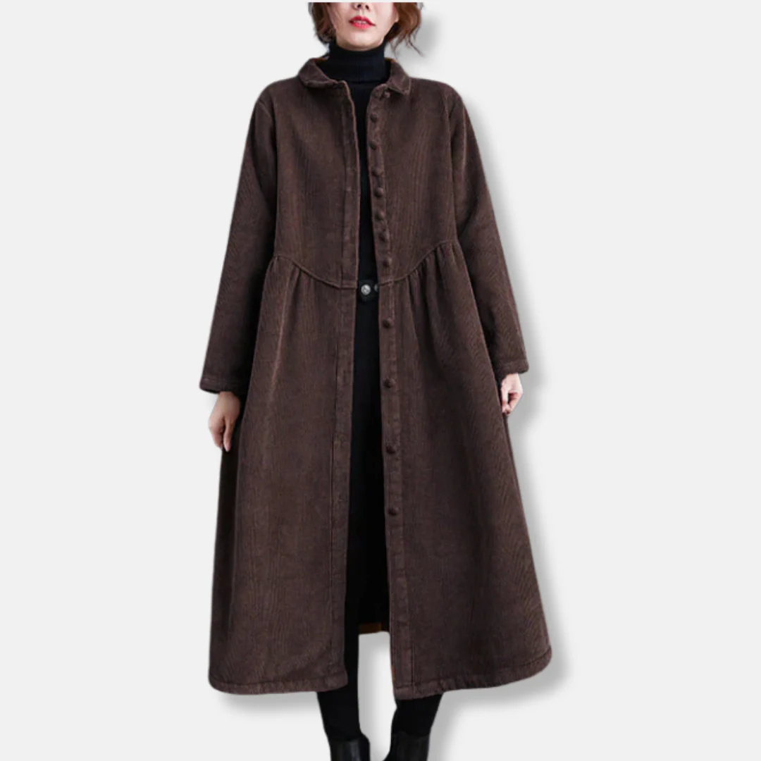 Women's Long Coat – Corduroy – A-Line Loose Fit – High Neck – Midi Length - Image 2
