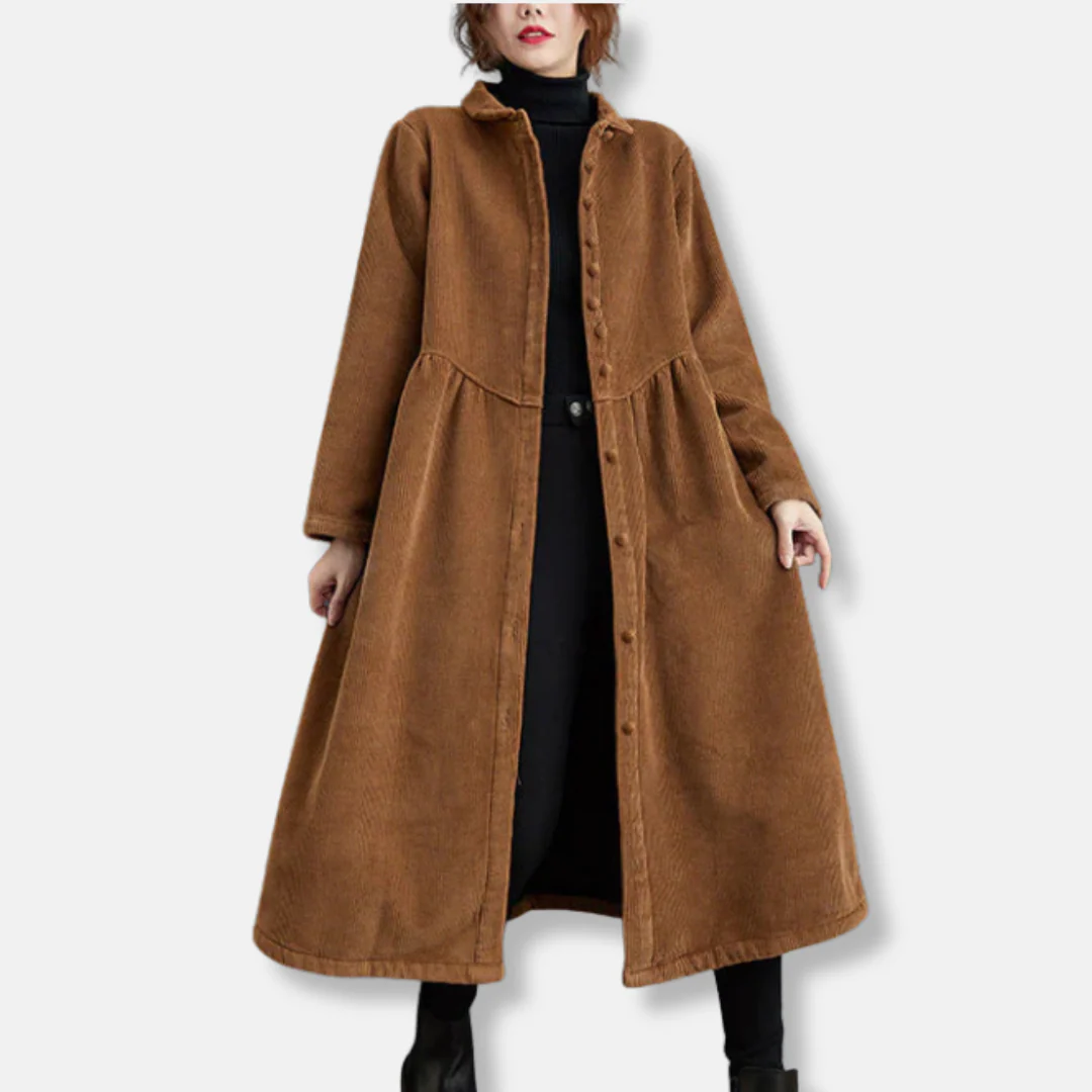 Women's Long Coat – Corduroy – A-Line Loose Fit – High Neck – Midi Length - Image 3