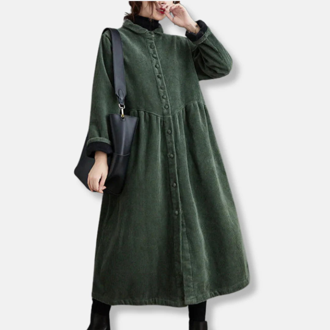 Women's Long Coat – Corduroy – A-Line Loose Fit – High Neck – Midi Length - Image 4