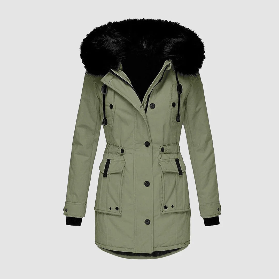 Women's Long Coat – Tailored Fit – Faux Fur Hood – Waist Belt - Image 2