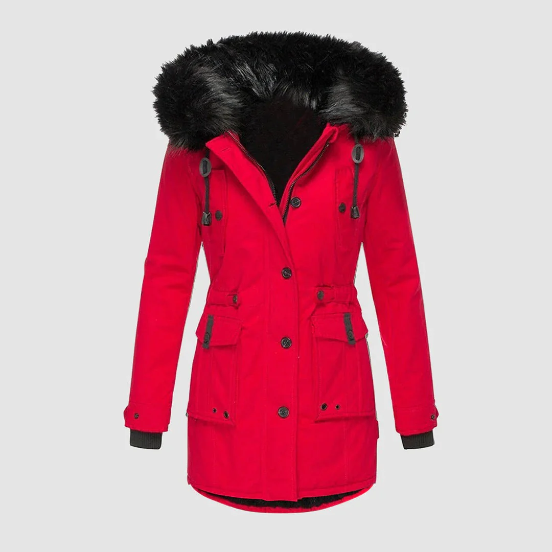 Women's Long Coat – Tailored Fit – Faux Fur Hood – Waist Belt - Image 3