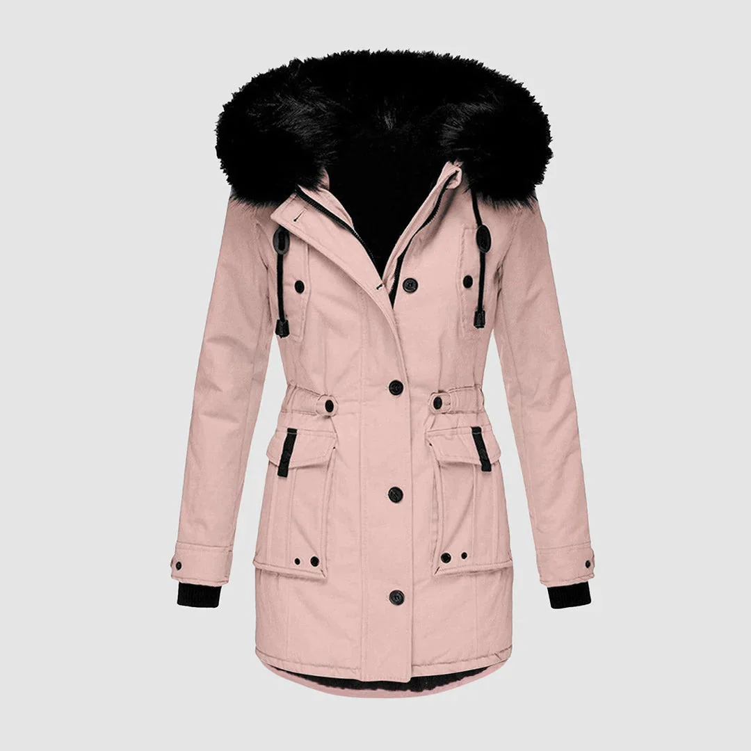 Women's Long Coat – Tailored Fit – Faux Fur Hood – Waist Belt - Image 4