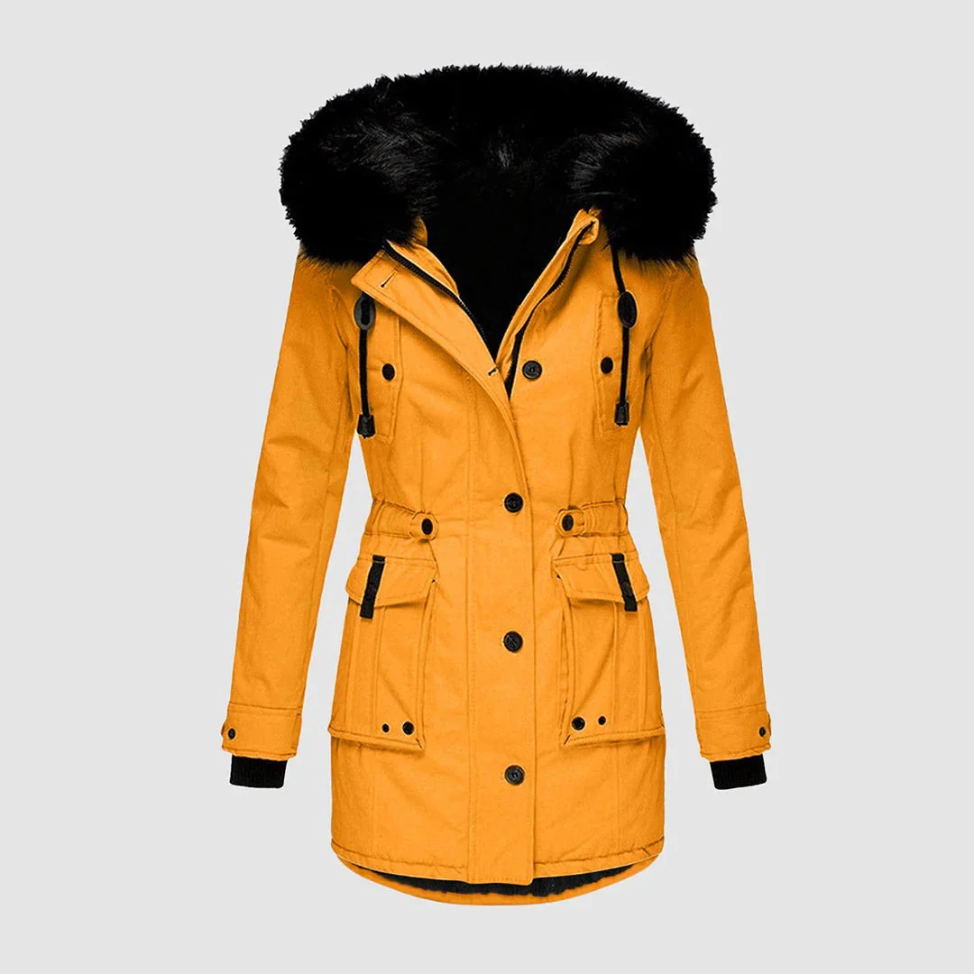 Women's Long Coat – Tailored Fit – Faux Fur Hood – Waist Belt - Image 5