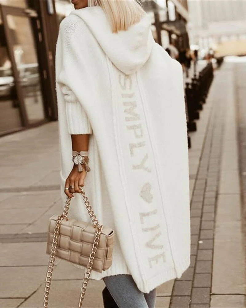 Women's Long Coat – Loose Fit – Wool Knit – Hood – Graphic Back Panel - Image 3