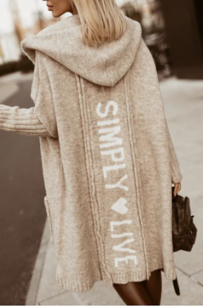Women's Long Coat – Loose Fit – Wool Knit – Hood – Graphic Back Panel - Image 4