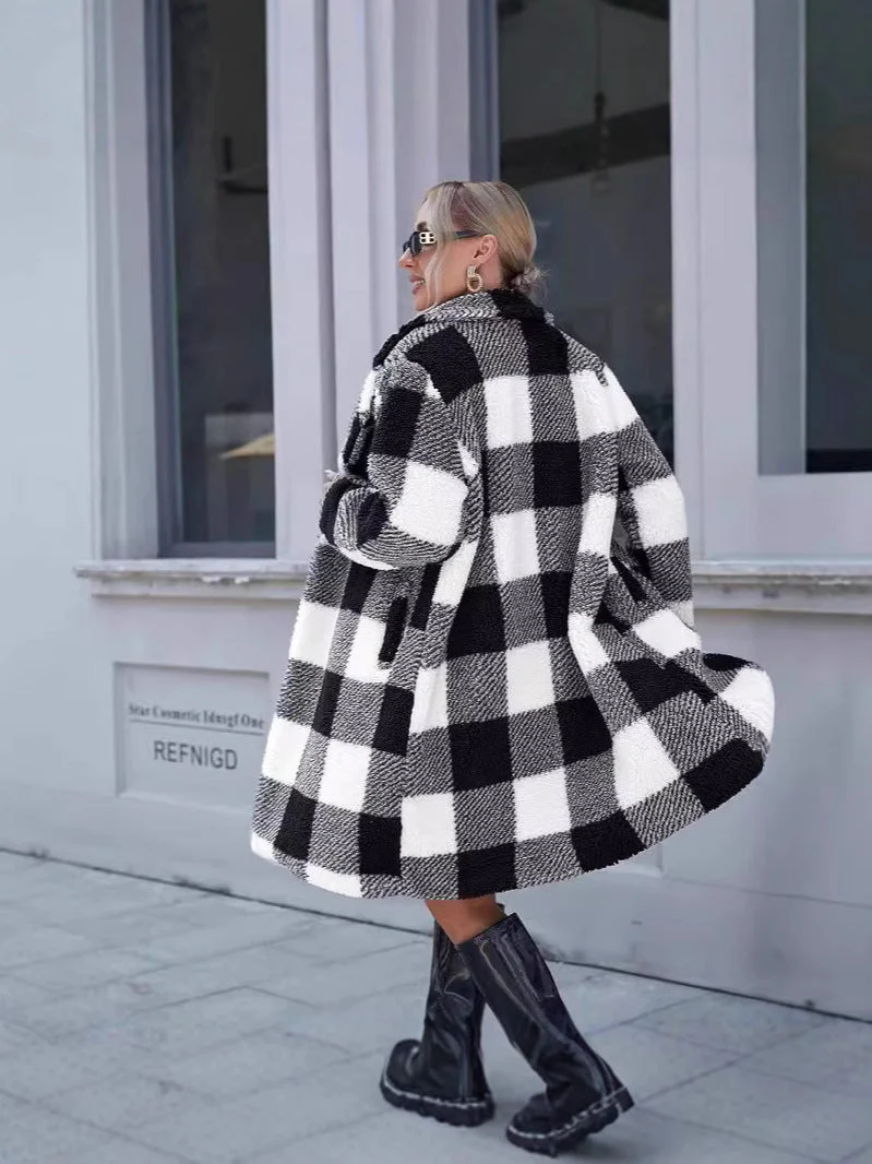 Women's Long Coat – Oversized Fit – Sherpa Texture – Check Pattern – Lapel Collar - Image 2