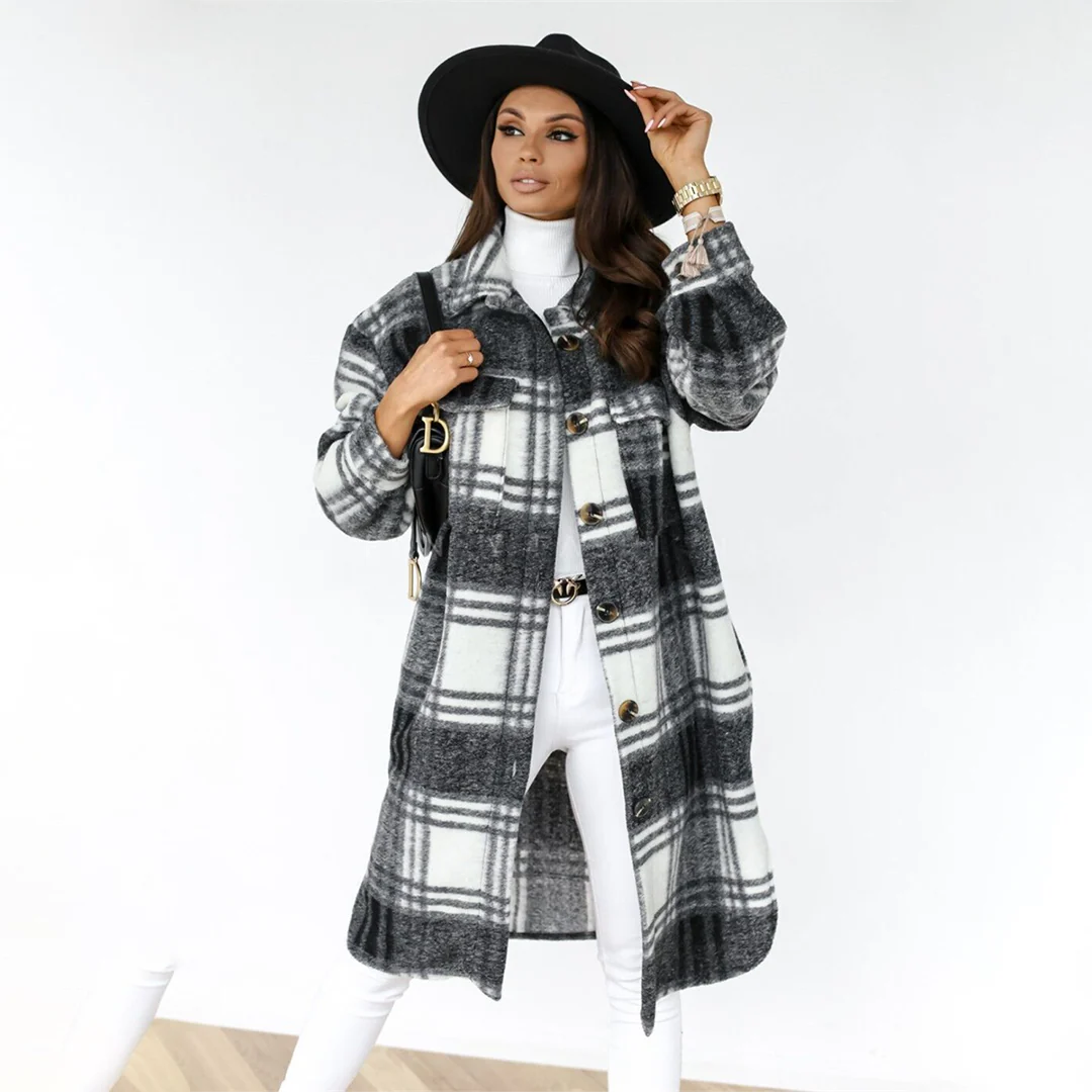 Ladies Long Coat – Oversized Fit – Wool Mix – Checked Pattern – Front Buttons - Image 2