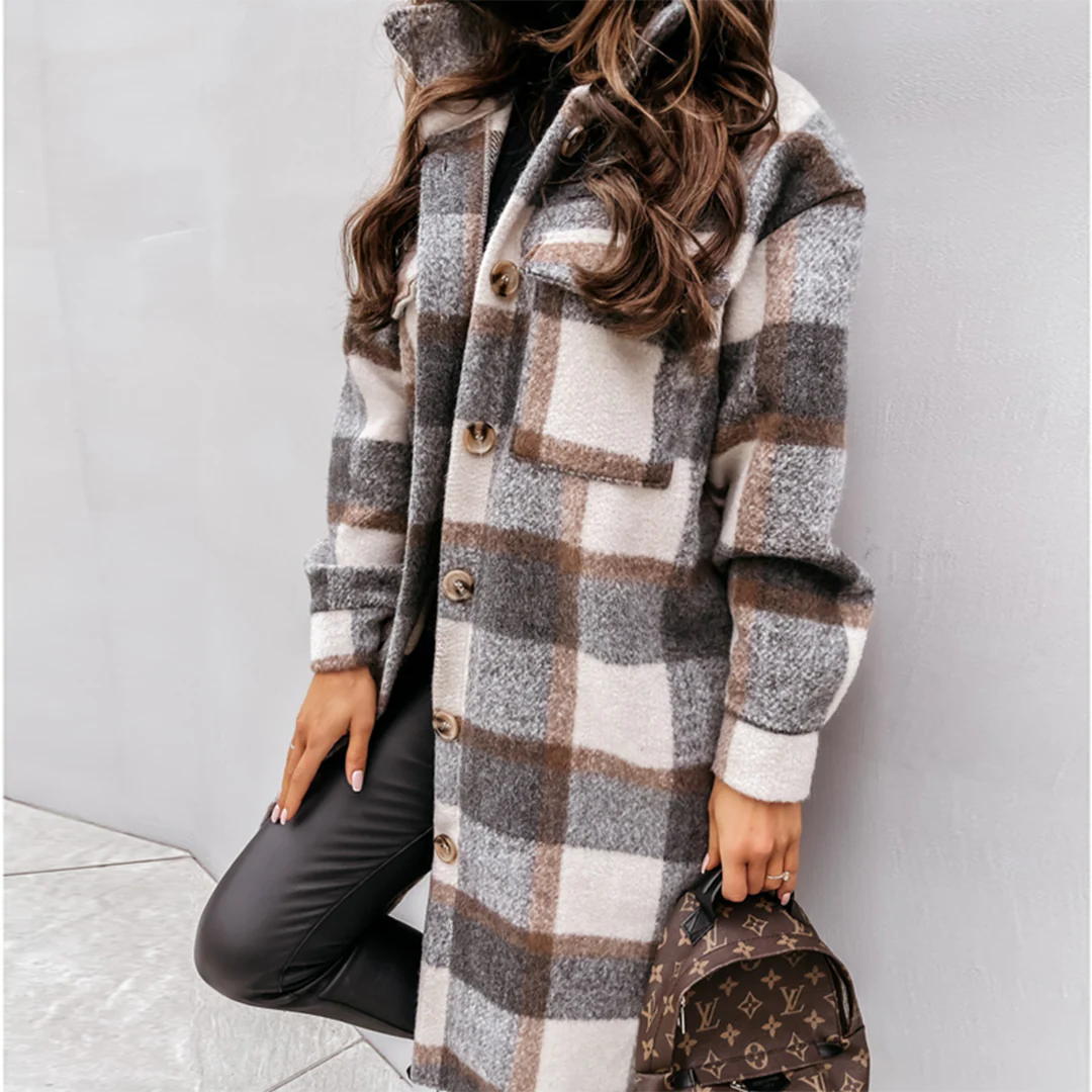 Ladies Long Coat – Oversized Fit – Wool Mix – Checked Pattern – Front Buttons - Image 4