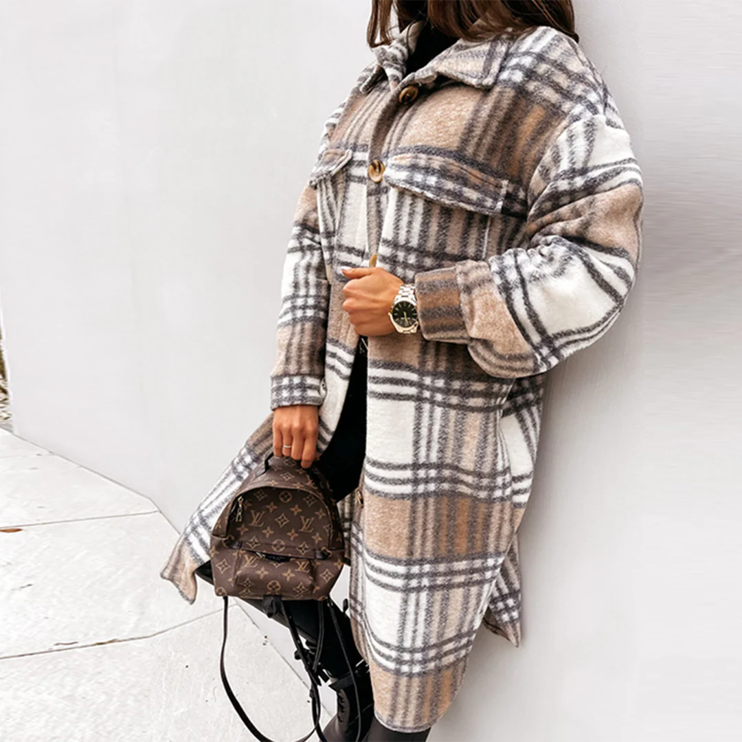 Ladies Long Coat – Oversized Fit – Wool Mix – Checked Pattern – Front Buttons - Image 5