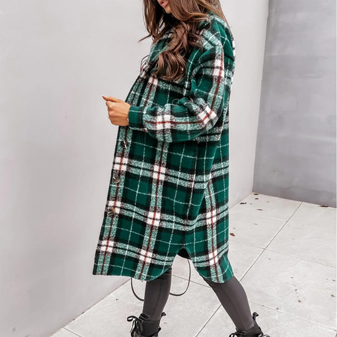 Ladies Long Coat – Oversized Fit – Wool Mix – Checked Pattern – Front Buttons - Image 6