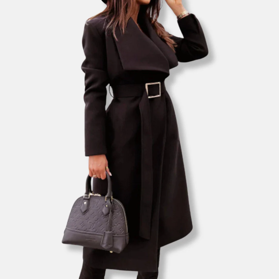 Women's Long Coat – Tailored Relaxed Fit – Belt – Drapé Lapel – Gold-Colored Buckle - Image 2