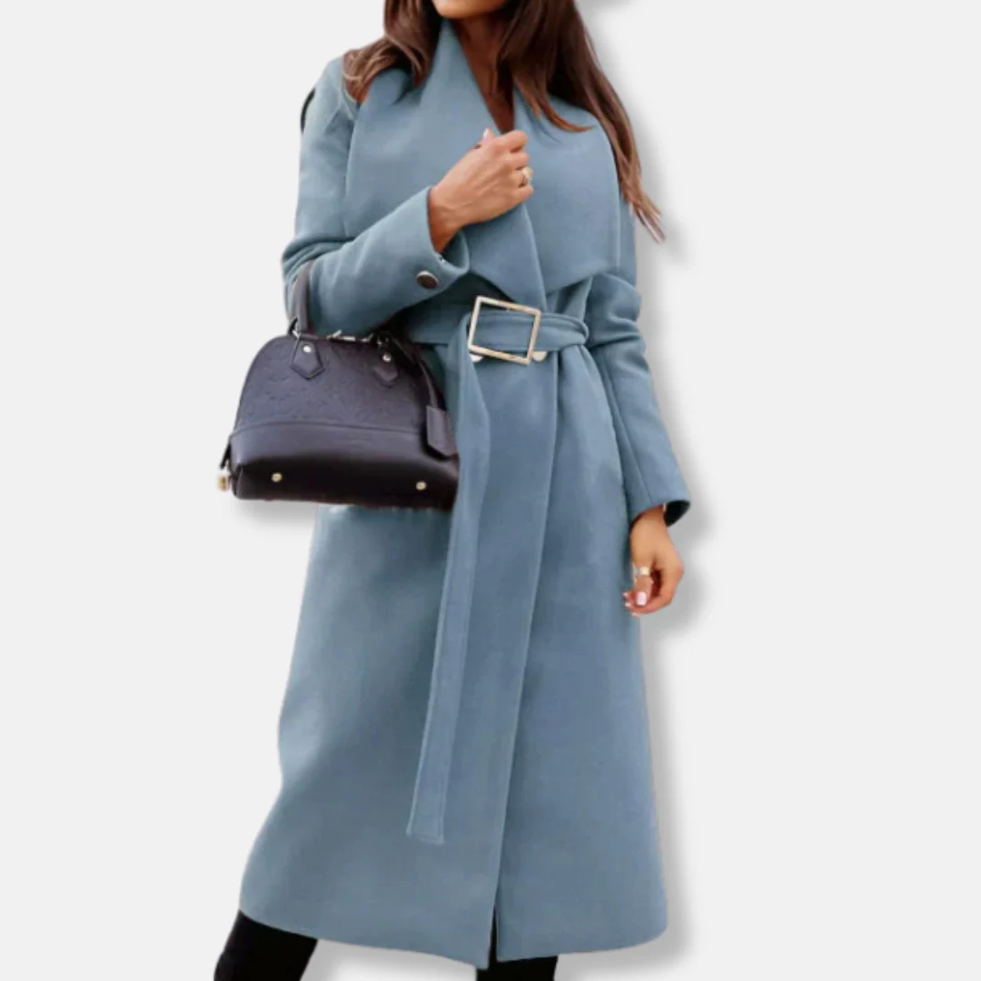 Women's Long Coat – Tailored Relaxed Fit – Belt – Drapé Lapel – Gold-Colored Buckle - Image 3