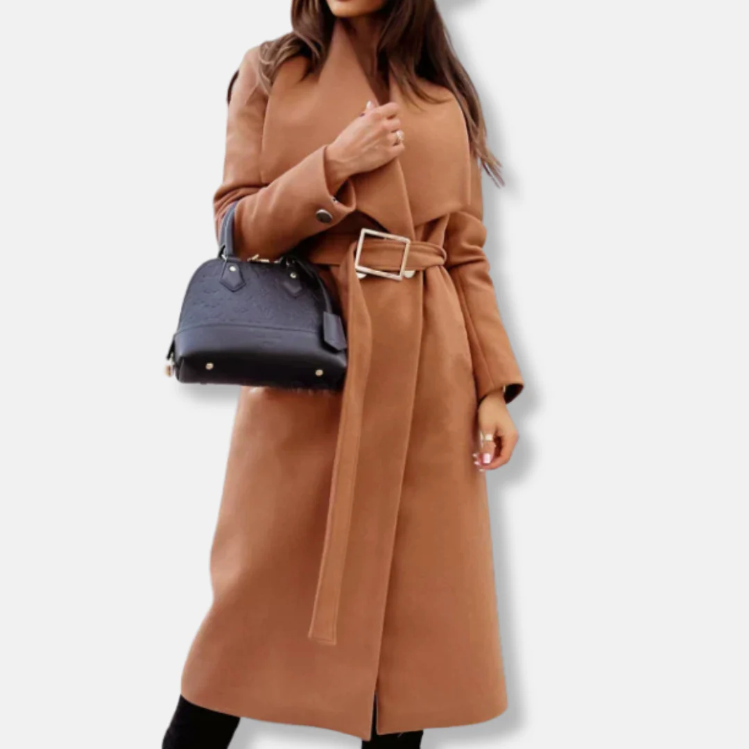 Women's Long Coat – Tailored Relaxed Fit – Belt – Drapé Lapel – Gold-Colored Buckle - Image 5
