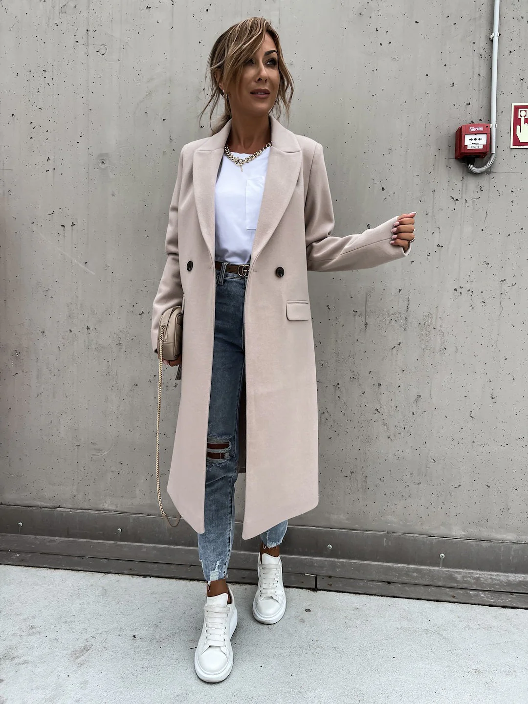 Women's Long Coat – Wool – Fitted Model – Button Closure – Classic Notched Lapel - Image 4