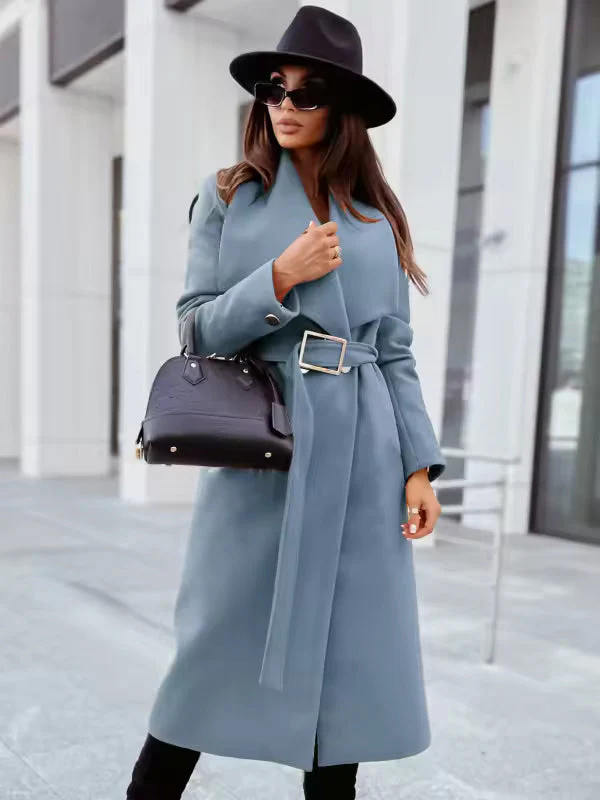 Women's Long Coat – Wool Blend – Tailored Fit – Belt – V-Neck Button Closure - Image 2