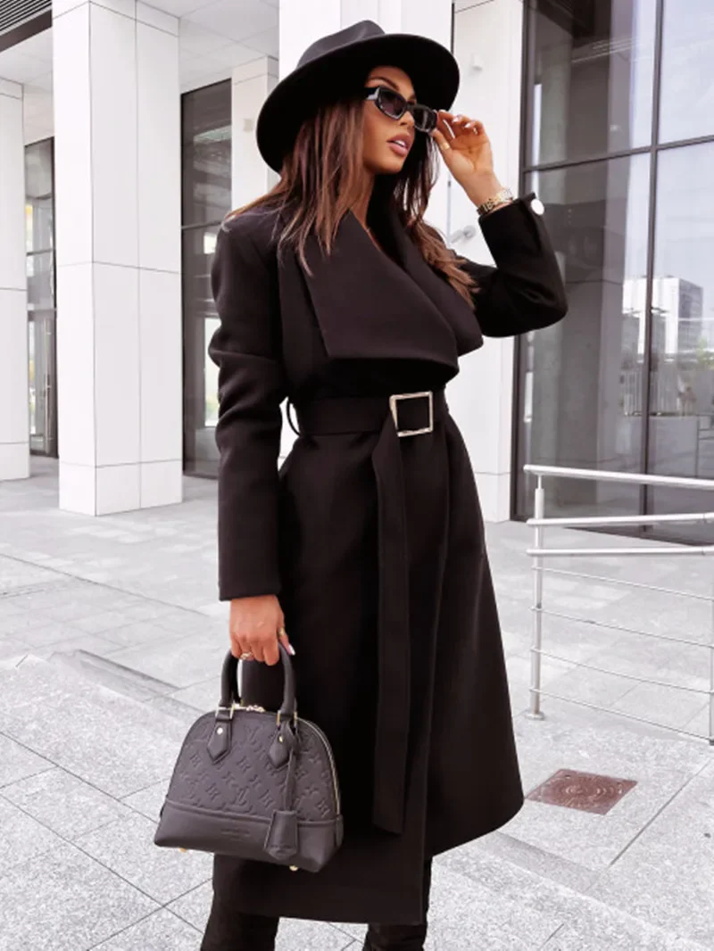 Women's Long Coat – Wool Blend – Tailored Fit – Belt – V-Neck Button Closure - Image 4