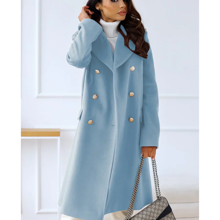 Women's Long Coat – Wool Blend – Tailored Fit – Double-Breasted with Wide Lapels - Image 2
