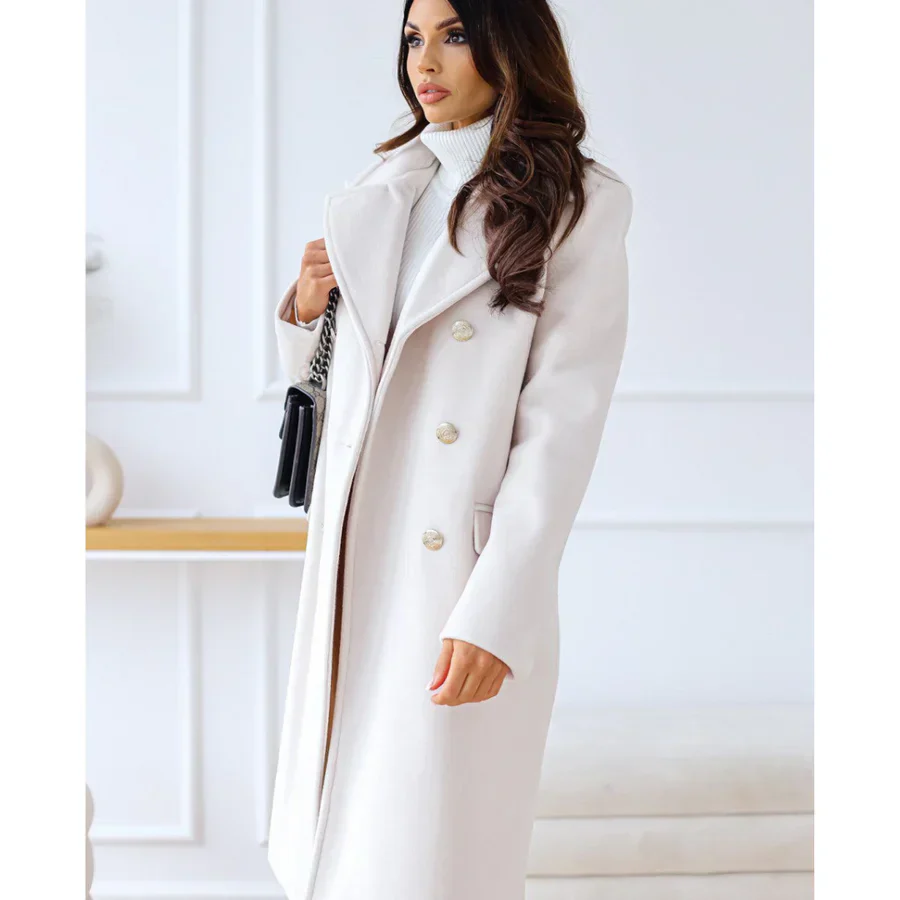 Women's Long Coat – Wool Blend – Tailored Fit – Double-Breasted with Wide Lapels - Image 3