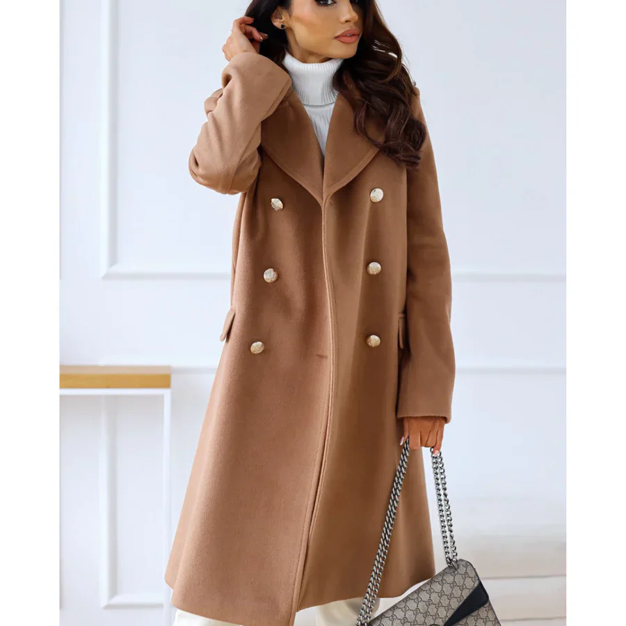 Women's Long Coat – Wool Blend – Tailored Fit – Double-Breasted with Wide Lapels - Image 4