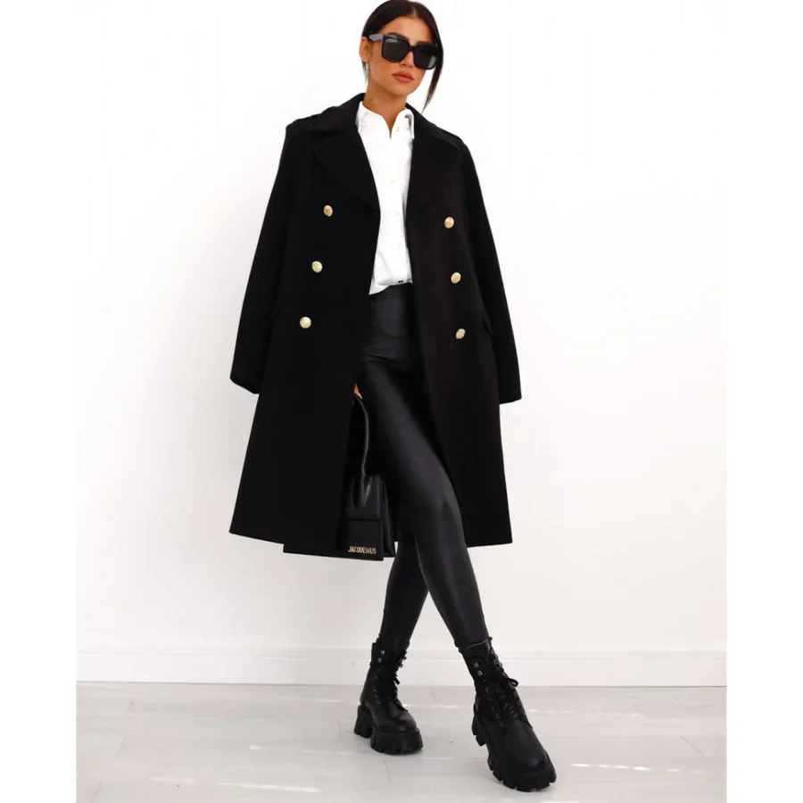 Women's Long Coat – Wool Blend – Tailored Fit – Double-Breasted with Wide Lapels - Image 5