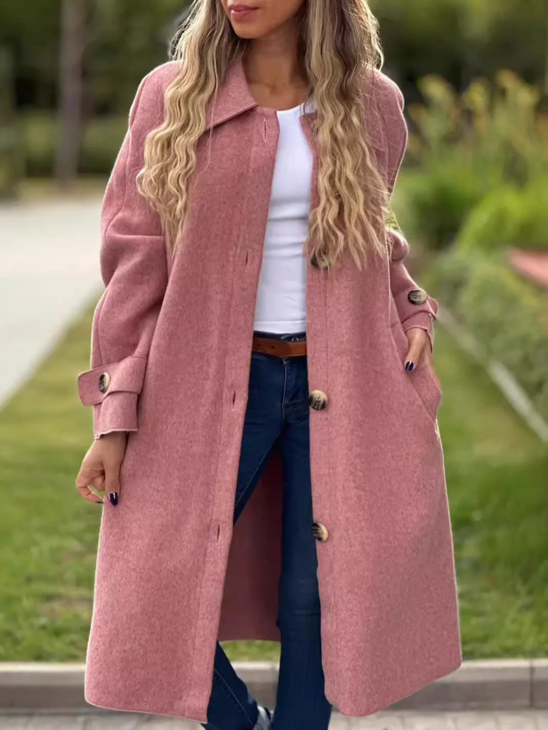 Women's Long Coat – Wool Mix – Relaxed Fit – Front Button Fastening – Large Lapels - Image 2