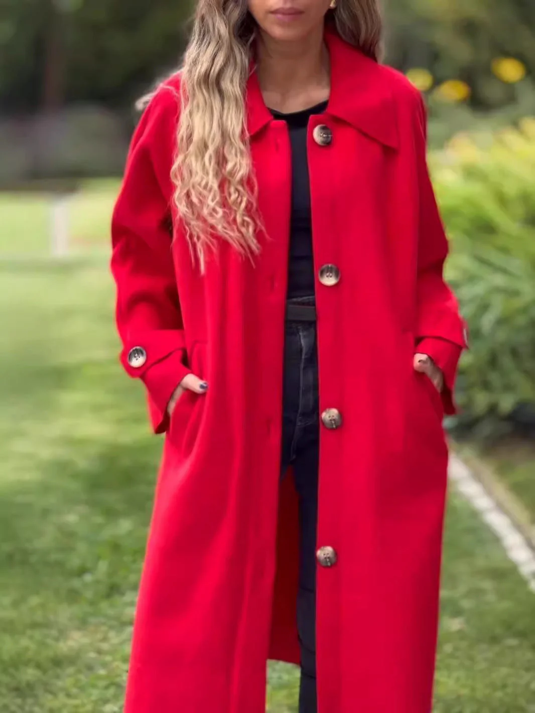 Women's Long Coat – Wool Mix – Relaxed Fit – Front Button Fastening – Large Lapels - Image 3