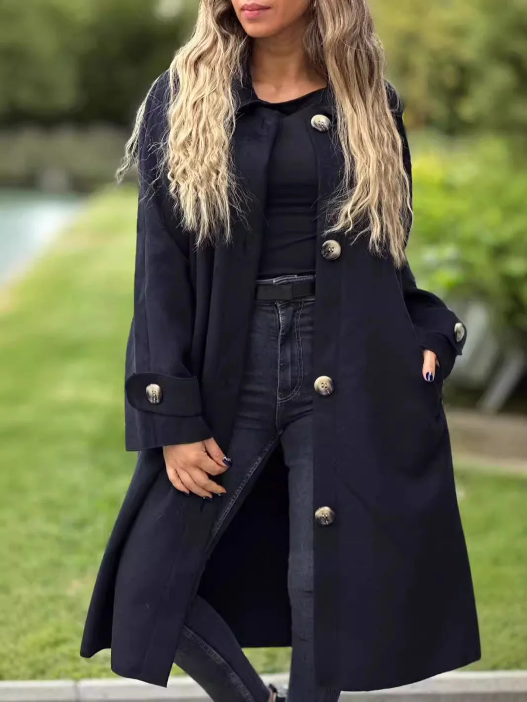 Women's Long Coat – Wool Mix – Relaxed Fit – Front Button Fastening – Large Lapels - Image 4