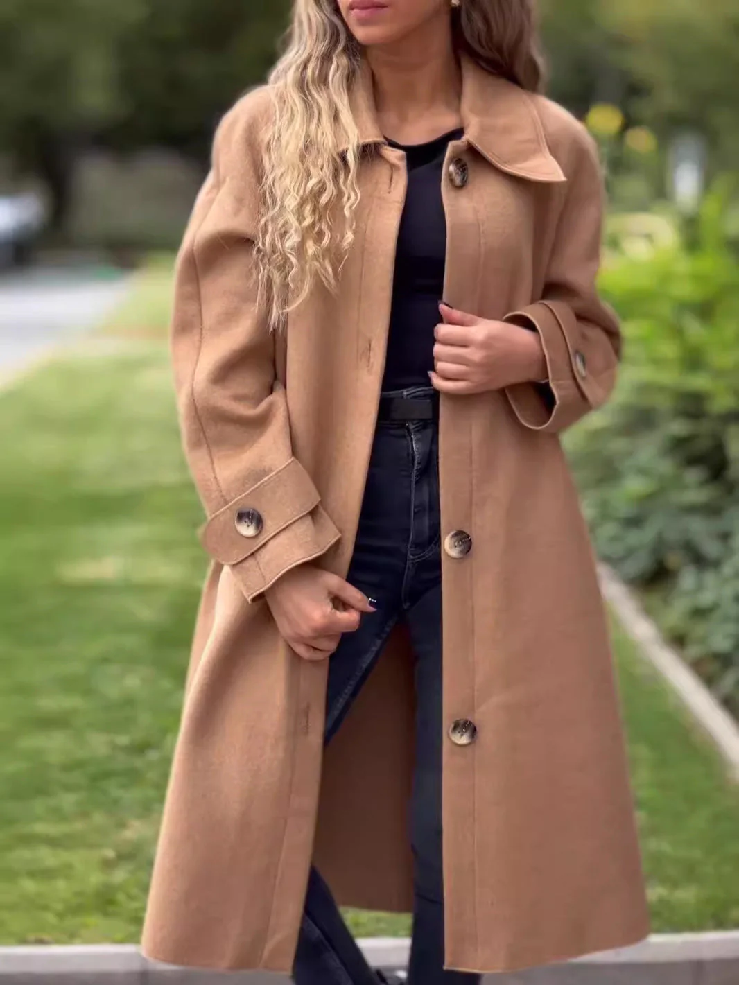 Women's Long Coat – Wool Mix – Relaxed Fit – Front Button Fastening – Large Lapels - Image 5