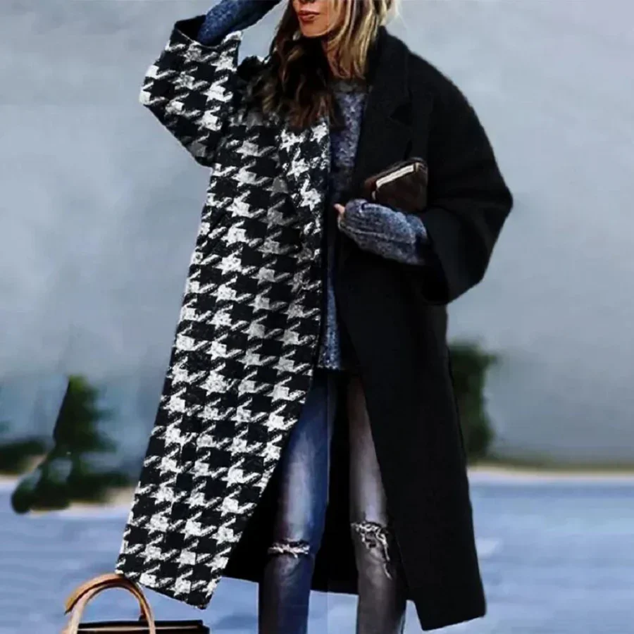 Women's Long Coat – Wool Mix – Relaxed Fit – Abstract Statement Pattern - Image 2