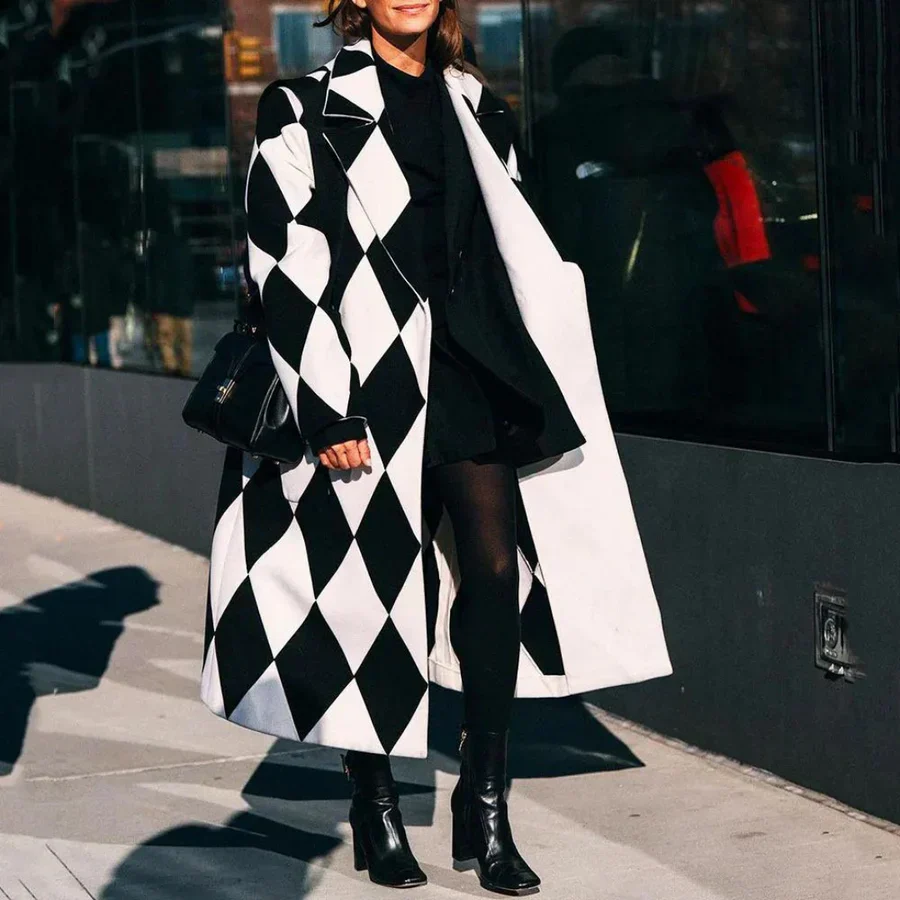 Women's Long Coat – Wool Mix – Relaxed Fit – Abstract Statement Pattern - Image 3